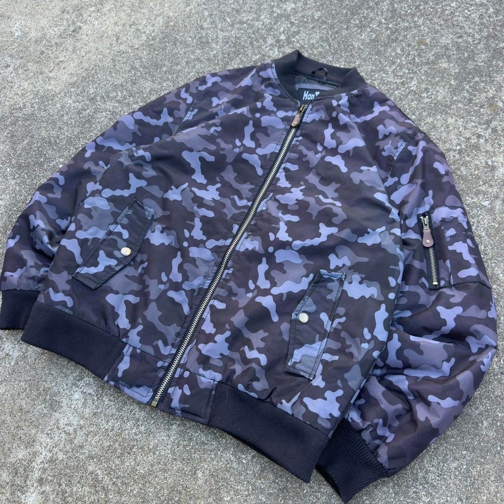 Vintage Y2K HanTon Bomber Jacket Camo Gorpcore Military Black Grey L (d5)